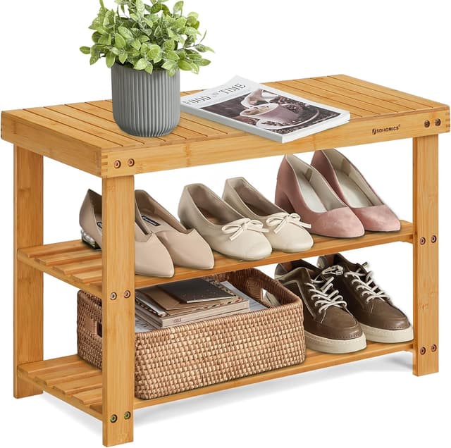 Detalle de SONGMICS Shoe Rack Bench (ULBS04N) 3-Tier Bamboo Storage Organizer Bench for Entryway