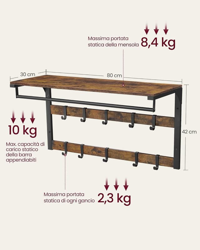 Thumbnail 4 de VASAGLE Appendiabiti da Parete 30x80x42 cm
