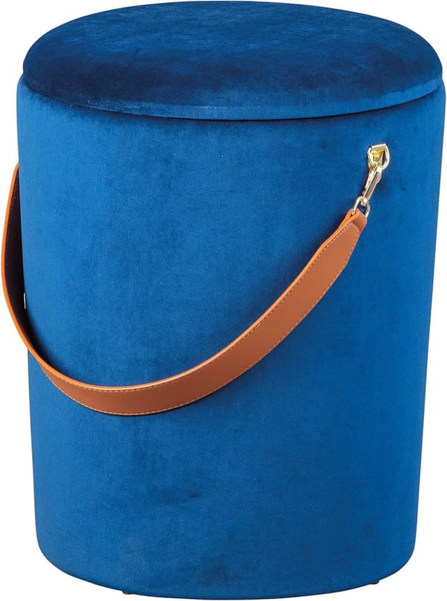 Detalle de Inter Link Papua sgabello contenitore da lavanderia in velluto blu con maniglia in similpelle