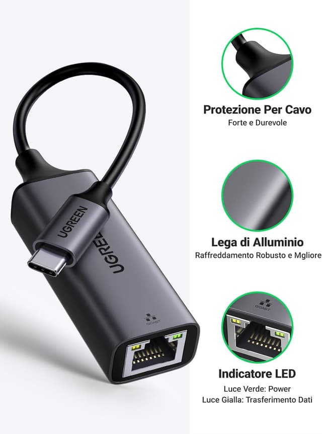 Thumbnail 3 de UGREEN Adattatore Ethernet USB-C a RJ45 1000 Mbps in alluminio (Thunderbolt 3) – convertitore di rete per MacBook, iPad e smartphone