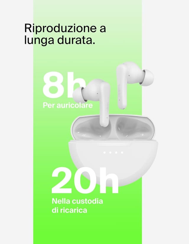 Detalle de Belkin SoundForm Rhythm true wireless con microfono, ricarica USB‑C rapida e batteria fino a 28 ore (bianco)