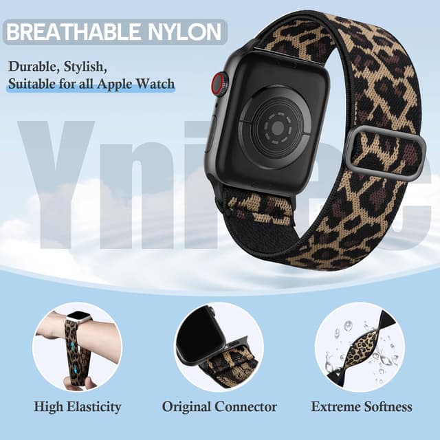 Detalle de Ynitec Leopard Print Stretch Nylon Strap for Apple Watch (40/38/41/42mm) — elastic loop band for wrist, arm or ankle