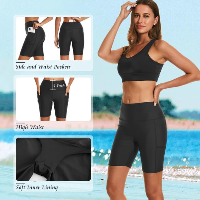 Detalle de HODOSPORTS Women’s High-Waisted Swim Board Shorts with UPF 50+ and Pockets (3"/5"/7"/9"/12")