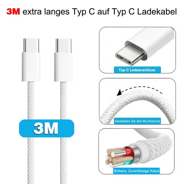 Detalle de USB‑C Kabel 3 m: Xiaomi Schnellladekabel USB‑C auf USB‑C (PD/QC/PPS, bis 60 W)