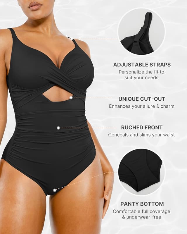 Detalle 2 de SHAPELLX Tummy Control V-Neck Ruched One-Piece Swimsuit with Built-in Bra