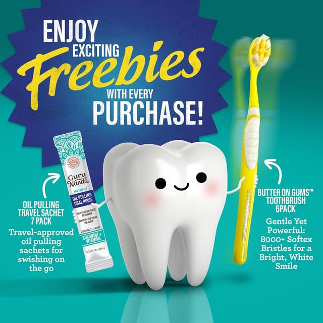 Detalle de GuruNanda Total Smile Makeover Kit Regular with Cocomint Oil Pulling, Dual Barrel Whitening Mouthwash, Whitening Strips & Toothbrushes