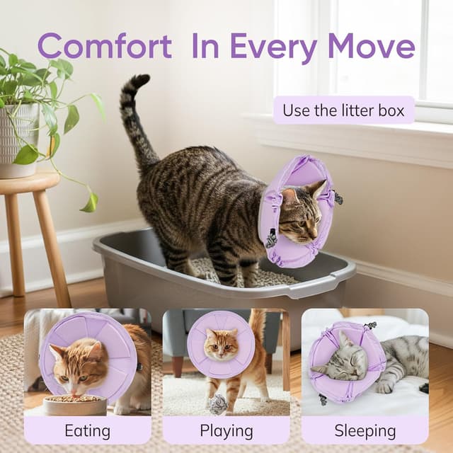 Detalle de Supet Soft–Adjustable Elizabethan Recovery Cone Collar for Cats (Purple Flower, S)