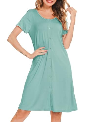 Detalle de Lovasy camisón de lactancia de verano con botones y bolsillos, manga corta (verde claro)