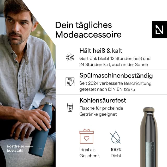 Detalle 2 de LARS NYSØM Edelstahl-Trinkflasche Ren (1000 ml, taupe brown) – thermosgeeignet für Kohlensäure