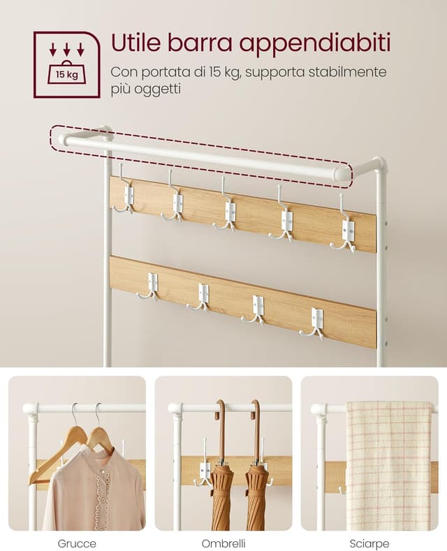 Detalle de VASAGLE Appendiabiti Grande Mobile da Ingresso con Panca, 9 Ganci e Scarpiera HSR047W09 (Rovere e Bianco)