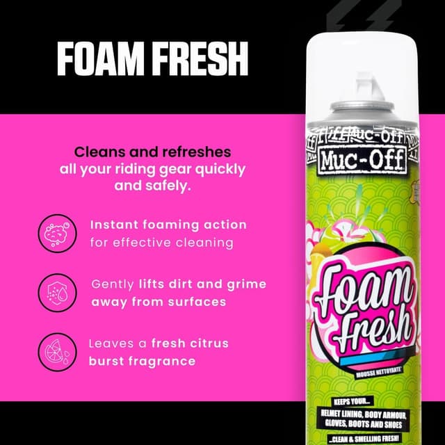 Detalle 2 de Muc-Off Foam Fresh-Schaum (400 ml) – schäumendes Sofort-Reinigungsmittel mit Zitrusduft für Helmfutter, Handschuhe und Stiefel