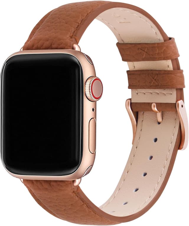 Detalle de Fullmosa bracelet en cuir véritable pour Apple Watch 42/41/40/38 mm (brun + or rose) avec fermoir