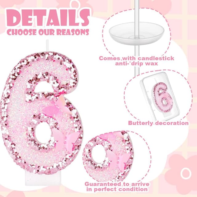 Detalle de Alaoo Butterfly Birthday Candles – Pink Number 6 Glitter Candle & Cake Topper
