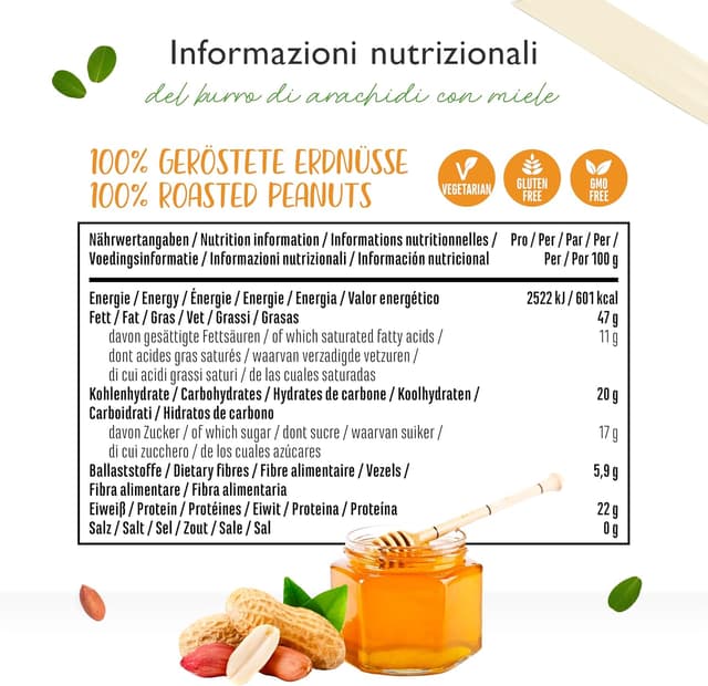 Detalle 2 de Burro di arachidi naturale con miele (1 kg) ad alto contenuto proteico, senza sale aggiunto