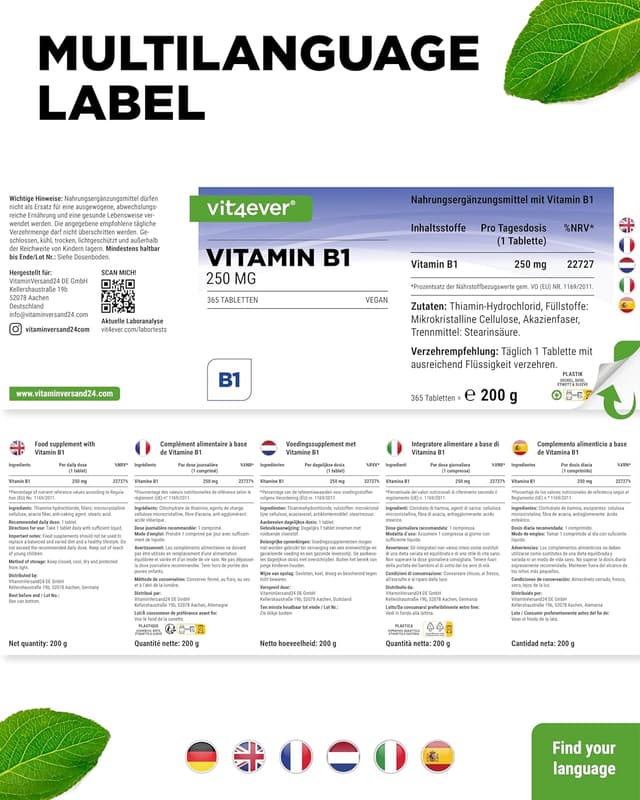 Detalle de vit4ever Vitamin B1 (Thiamin) 250 mg – 365 Tabletten für 12 Monate (vegan)