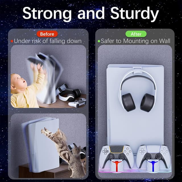 Detalle de Hosanwell PS5 Wall Mount with Charging Station (for PS5/PS5 Pro/PS5 Slim) – Dual Use Dock with RGB Lights, White