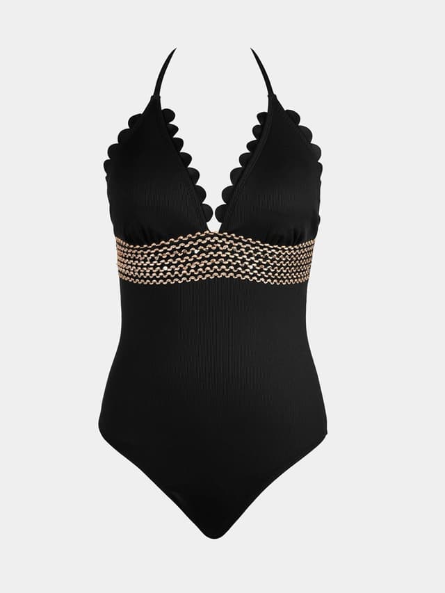 Detalle de CUPSHE Costume da bagno intero da donna Halter Back Tie smerlato con scollo a V e cuciture a contrasto