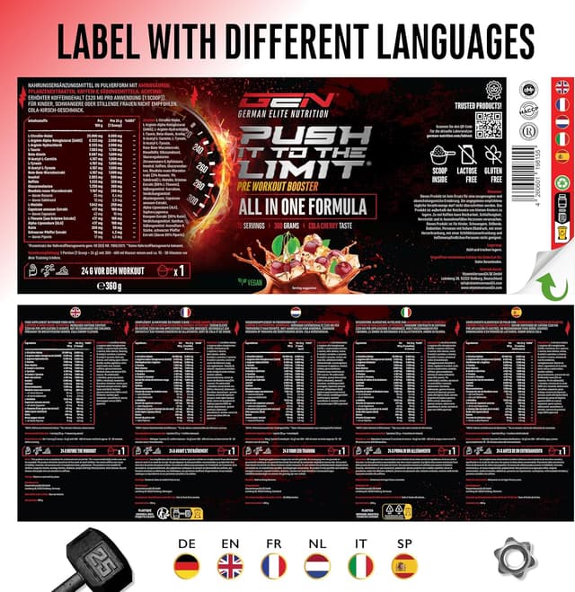 Thumbnail 6 de Push it to the Limit Pre Workout mit L-Arginin, Citrullin & Koffein – Hochdosiert, 360 g (Cherry Kiwi) – 15 Anwendungen