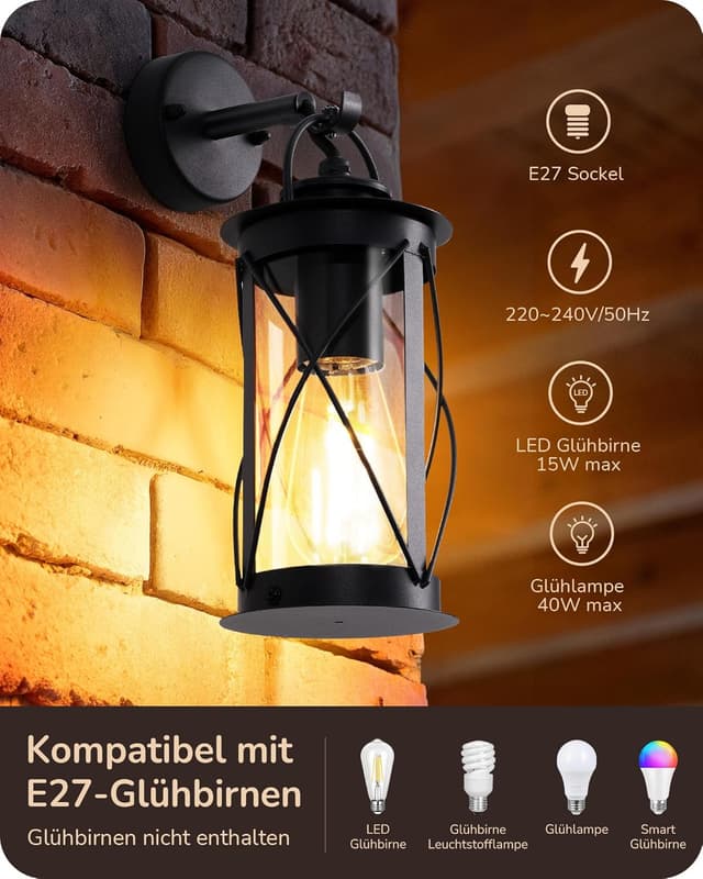 Detalle de EDISHINE Wandleuchte IP44 E27, Schwarz