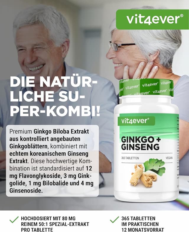 Detalle 2 de vit4ever Ginkgo + Ginseng - 365 Tabletten - Spezial Extrakt - Hochdosiert - Laborgeprüft - Ginkgo Biloba + Koreanischer Ginseng - Premium Qualität - Vegan
vit4ever Ginkgo + Ginseng - 365 Tabletten - Spezial Ex…