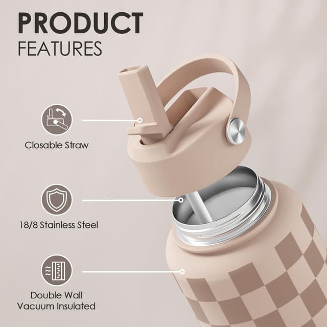 Detalle 2 de Checkerboard Water Bottle 32oz Stainless Steel with Lid & Straw (Beige Checker) — Insulated Sports Bottle