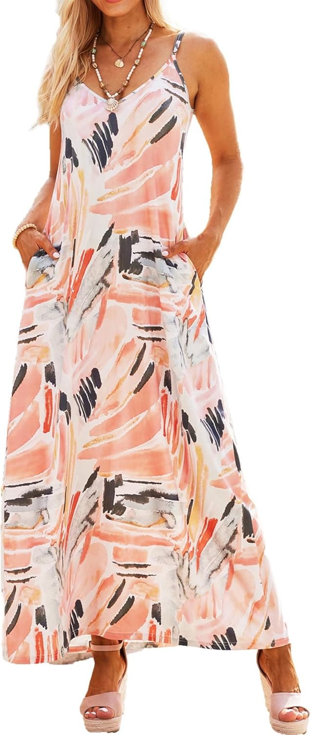 Detalle de Supnier Women's Summer Maxi Dress with V-Neck, Spaghetti Straps, and Pockets