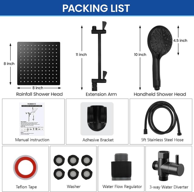 Thumbnail 6 de Tudoccy SHP-HS Shower Head Combo (8" Rainfall + Handheld) in Matte Black with 11" Extension Arm