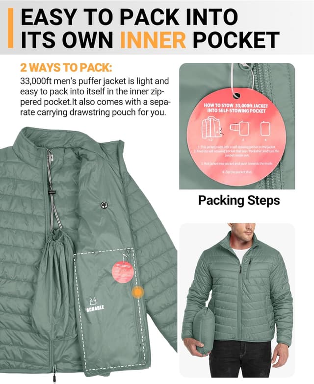 Detalle de 33,000ft Herren-Steppjacke leichte Übergangsjacke in Daunenjacken-Optik (packbar)