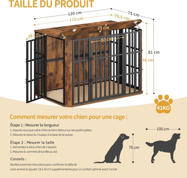 Detalle de Hzuaneri DFC86801B Cage pour chien en bois lourde avec portes multiples et ouverture supérieure