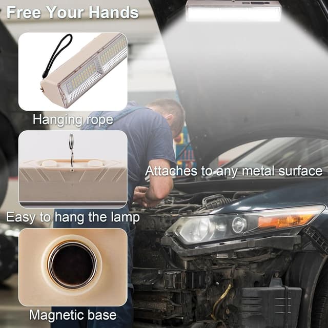 Detalle de CREATESTAR Lampada da lavoro 22 cm ricaricabile Type-C con base magnetica e gancio, 5 modalità luce