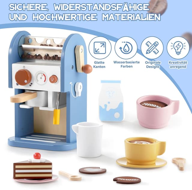 Detalle de GAGAKU Kinder-Kaffeemaschine aus Holz mit Sound und Zubehör (15-teilig) – Spielküche für Barista-Rollenspiel ab 3 Jahre, blau