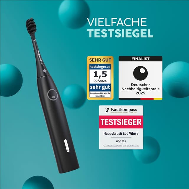 Detalle de happybrush® Schallzahnbürste Eco Vibe 3+ – elektrische Ultraschall-/Sonic-Zahnbürste mit 8-Wochen-Akku, 3 Modi & 2 Jahren Garantie (Black)