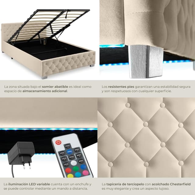 Thumbnail 5 de tectake® Cama Tapizada Terciopelo con LEDs 215x148 cm