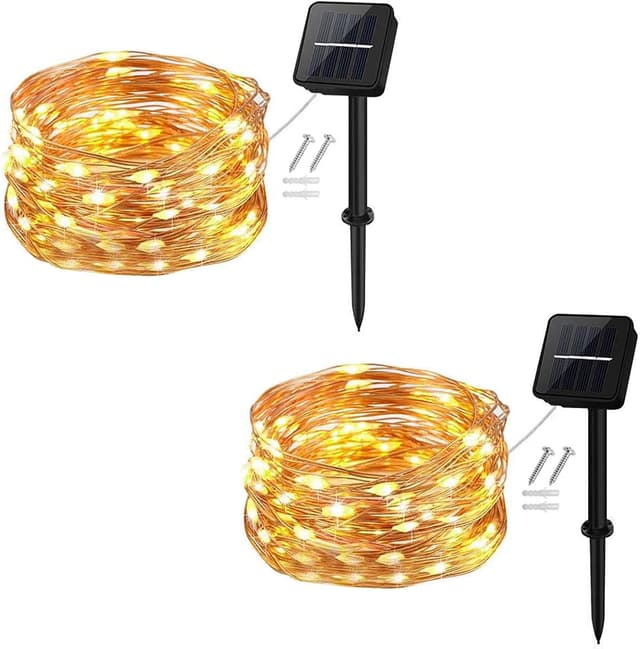 Detalle de cshare Solar String Lights (2 Pack, 50 LEDs) with 8 Lighting Modes – Warm White Outdoor Fairy Lights, Waterproof