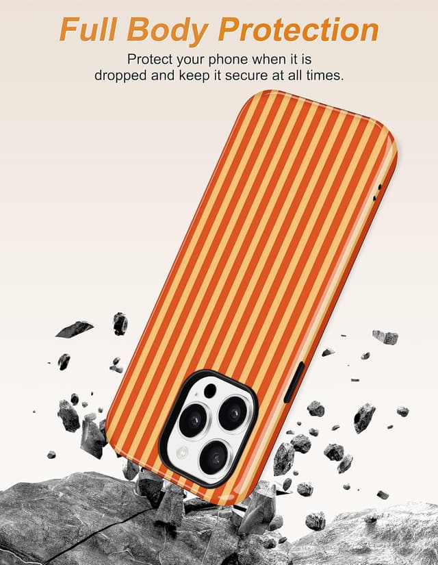 Thumbnail 3 de Jusy Magnetische Handyhülle für iPhone 16 Pro Max – gestreiftes Sommer-Design mit MagSafe und 2-teiliger Stoßschutz-Bumper Case (Orange)