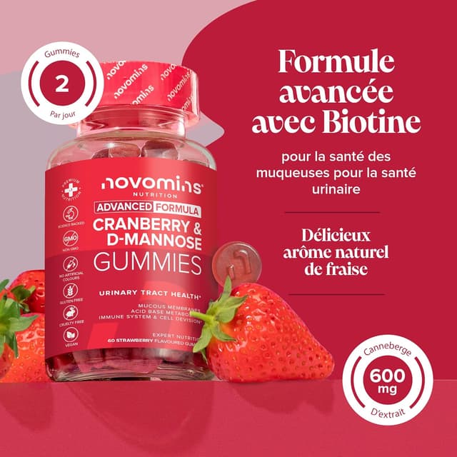 Detalle de Gommes Canneberge & D-Mannose Novomins (vegan, sans gluten) – soutien des voies urinaires, zinc & magnésium – 60 gommes