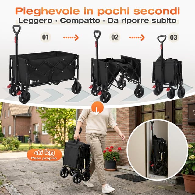 Detalle de SUNULA Carrello pieghevole piccolo 80L da 100 kg con freni, 5,8 kg, nero