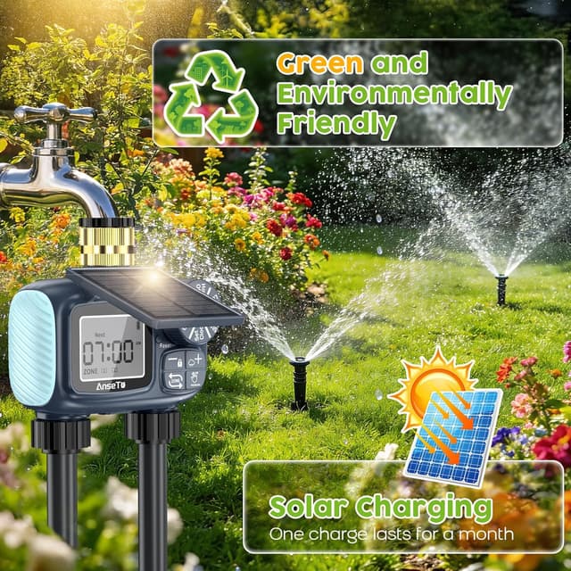 Detalle 2 de AnseTo Timer di Irrigazione Solare con 2 Uscite e pannello regolabile, ricarica USB-C