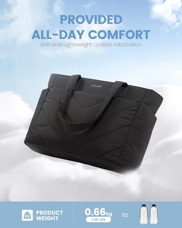 Detalle de LOVEVOOK women’s lightweight puffer tote bag with zip and padded laptop compartment