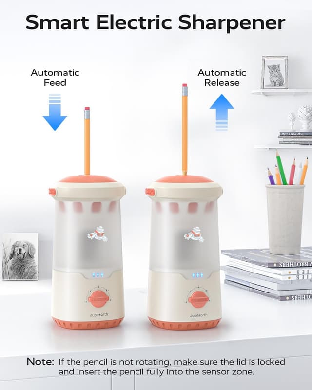 Detalle 2 de JUPITEARTH Electric Pencil Sharpener for Kids (Hands-Free, Rechargeable, Spaceship design) – Fits 6.9–11mm pencils