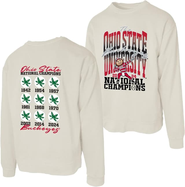 Detalle de Ohio State Buckeyes 2024 National Champs Crewneck Sweatshirt (Officially Licensed) — Dyed Ivory
