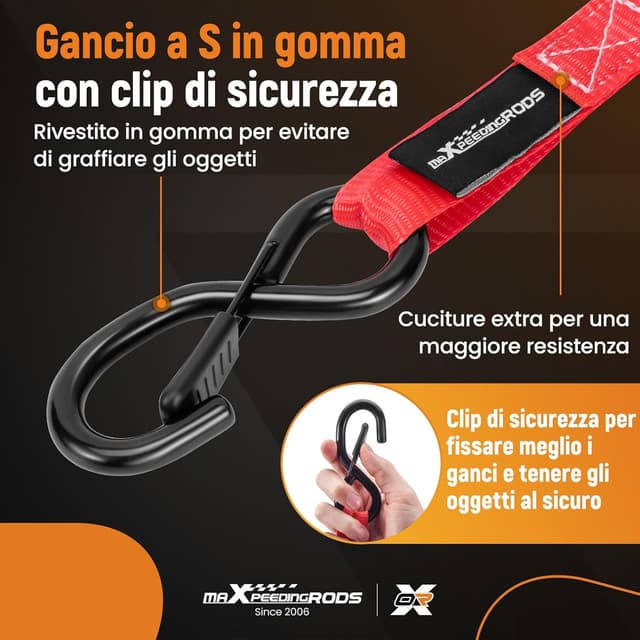 Detalle de maXpeedingrods set di 4 cinghie di fissaggio a cricchetto da 4,5 m con ganci a S e sicurezza fino a 997 kg (EN 12195-2) – Rosso