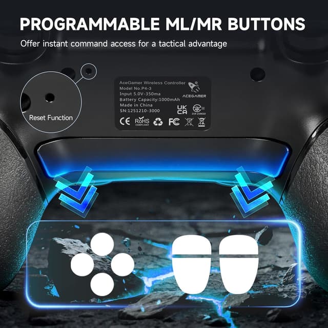 Detalle de AceGamer 2-Pack Wireless PS4 Controller (Hall Effect Joysticks, Back Buttons, RGB, Turbo, 3.5mm Audio Jack)