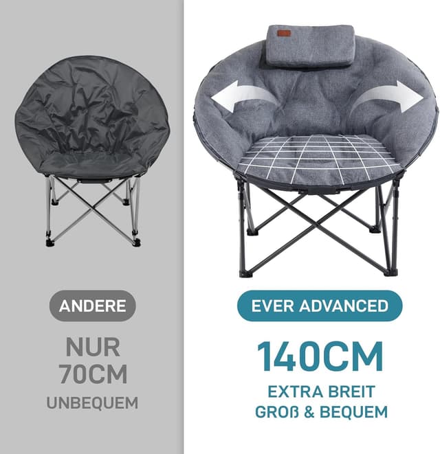 Detalle de EVER ADVANCED Luxus Moonchair XXL Campingstuhl faltbar, 150 kg belastbar, extra breit mit Kissen – Grau