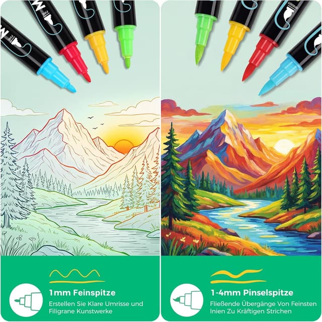Detalle de MarkMuse MarkMuse 72 Farben Acrylstifte-Set mit Doppelspitze – wasserfest, schnell trocknend für Glas, Holz, Stein & mehr