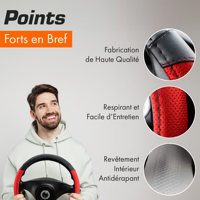 Detalle de Couvre-volant Upgrade4cars en simili cuir noir et rouge (taille universelle 37–38 cm)