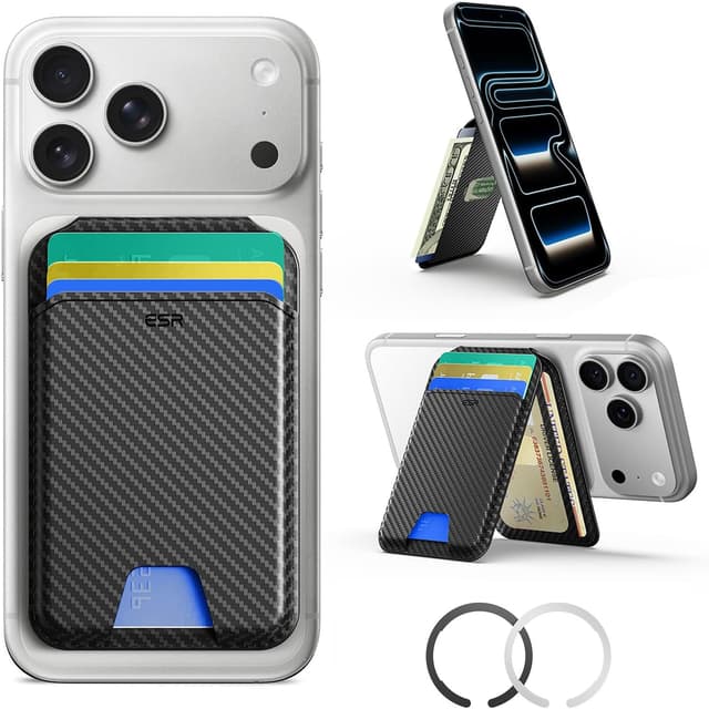 Detalle de ESR portafoglio per MagSafe con blocco RFID, supporto regolabile e spazio per 5 carte (fibra di carbonio nera)