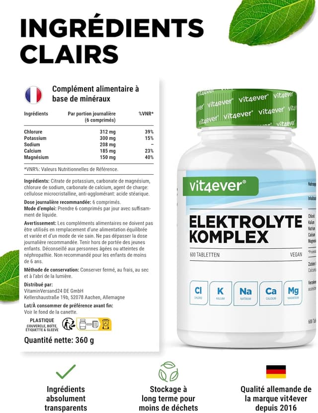 Detalle 1 de Vit4ever Vit4ever Électrolytes – 600 comprimés véganes avec magnésium, calcium, potassium, sodium et chlorure