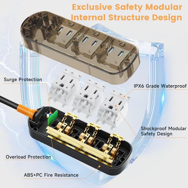 Detalle de CAKINKON Outdoor Power Strip Weatherproof (10 ft) With 3 AC Outlets and Surge Protection, UL Listed