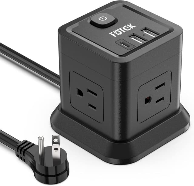 Detalle de FDTEK Flat Plug Power Strip with USB (4 AC + 3 USB), 5 ft Cube Extension Cord, Overload Protection, Black